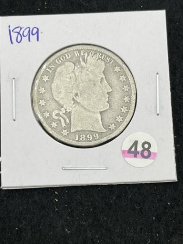 1899 Barber Half Dollar Silver Coin: KEY WORDS: INDIAN ARTIFACT ARTIFACTS ARROWHEAD ARROWHEADS NATIVE AMERICAN MISSISSIPPIAN QUAPAW CADDO POTTERY COINS MORGAN DOLLAR PEACE DOLLAR SILVER COINS. All coins have been Sigma tested for
