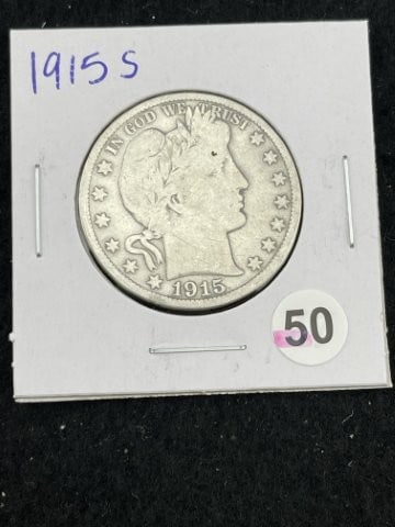 1915 S Barber Half Dollar Silver Coin: KEY WORDS: INDIAN ARTIFACT ARTIFACTS ARROWHEAD ARROWHEADS NATIVE AMERICAN MISSISSIPPIAN QUAPAW CADDO POTTERY COINS MORGAN DOLLAR PEACE DOLLAR SILVER COINS. All coins have been Sigma tested for