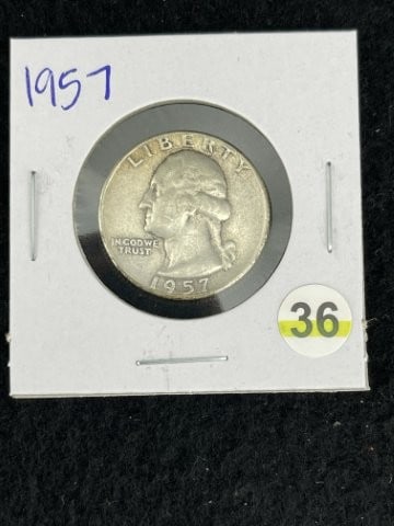 1957 Washington Quarter Silver Coin: KEY WORDS: INDIAN ARTIFACT ARTIFACTS ARROWHEAD ARROWHEADS NATIVE AMERICAN MISSISSIPPIAN QUAPAW CADDO POTTERY COINS MORGAN DOLLAR PEACE DOLLAR SILVER COINS. All coins have been Sigma tested for authent
