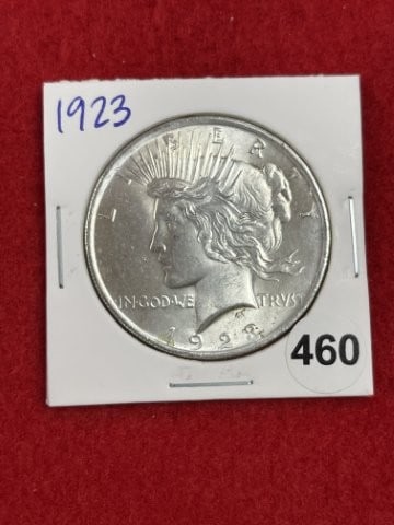 1923 Peace Silver Dollar Coin: KEY WORDS: INDIAN ARTIFACT ARTIFACTS ARROWHEAD ARROWHEADS NATIVE AMERICAN MISSISSIPPIAN QUAPAW CADDO POTTERY COINS MORGAN DOLLAR PEACE DOLLAR SILVER COINS. All coins have been Sigma tested for