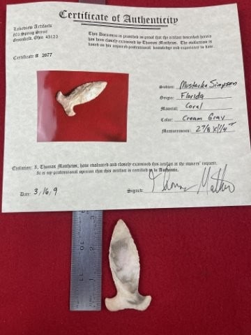 Simpson Mustache with Thomas Mathews COA from Florida Indian Artifact Arrowhead: KEY WORDS: INDIAN ARTIFACT ARTIFACTS ARROWHEAD ARROWHEADS NATIVE AMERICAN MISSISSIPPIAN QUAPAW CADDO POTTERY COINS MORGAN DOLLAR PEACE DOLLAR SILVER COINS. All coins have been Sigma tested for authent