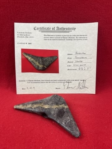 Bannerstone with Thomas Mathews COA from Pennsylvania Indian Artifact Arrowhead: KEY WORDS: INDIAN ARTIFACT ARTIFACTS ARROWHEAD ARROWHEADS NATIVE AMERICAN MISSISSIPPIAN QUAPAW CADDO POTTERY COINS MORGAN DOLLAR PEACE DOLLAR SILVER COINS. All coins have been Sigma tested for