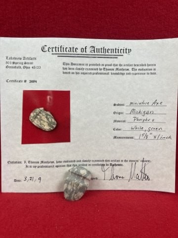 Miniature Axe with Thomas Mathews COA from Michigan Indian Artifact Arrowhead: KEY WORDS: INDIAN ARTIFACT ARTIFACTS ARROWHEAD ARROWHEADS NATIVE AMERICAN MISSISSIPPIAN QUAPAW CADDO POTTERY COINS MORGAN DOLLAR PEACE DOLLAR SILVER COINS. All coins have been Sigma tested for