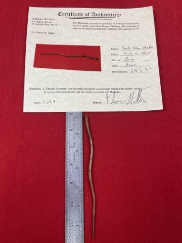 Snake Effigy Hair Pin with Thomas Mathews COA from Scioto County, Ohio Indian Artifact Arrowhead: KEY WORDS: INDIAN ARTIFACT ARTIFACTS ARROWHEAD ARROWHEADS NATIVE AMERICAN MISSISSIPPIAN QUAPAW CADDO POTTERY COINS MORGAN DOLLAR PEACE DOLLAR SILVER COINS. All coins have been Sigma tested for