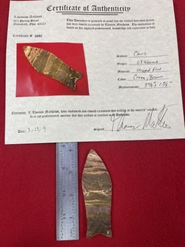 Clovis with Thomas Mathews COA from Oklahoma Indian Artifact Arrowhead: KEY WORDS: INDIAN ARTIFACT ARTIFACTS ARROWHEAD ARROWHEADS NATIVE AMERICAN MISSISSIPPIAN QUAPAW CADDO POTTERY COINS MORGAN DOLLAR PEACE DOLLAR SILVER COINS. All coins have been Sigma tested for authent