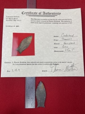 Cumberland with Thomas Mathews COA from Tennessee Indian Artifact Arrowhead: KEY WORDS: INDIAN ARTIFACT ARTIFACTS ARROWHEAD ARROWHEADS NATIVE AMERICAN MISSISSIPPIAN QUAPAW CADDO POTTERY COINS MORGAN DOLLAR PEACE DOLLAR SILVER COINS. All coins have been Sigma tested for