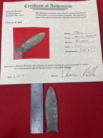 Clovis with Thomas Mathews COA from Kentucky Indian Artifact Arrowhead: KEY WORDS: INDIAN ARTIFACT ARTIFACTS ARROWHEAD ARROWHEADS NATIVE AMERICAN MISSISSIPPIAN QUAPAW CADDO POTTERY COINS MORGAN DOLLAR PEACE DOLLAR SILVER COINS. All coins have been Sigma tested for authent