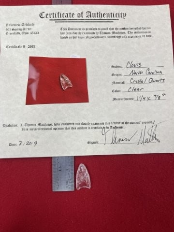 Clovis with Thomas Mathews COA from North Carolina Indian Artifact Arrowhead: KEY WORDS: INDIAN ARTIFACT ARTIFACTS ARROWHEAD ARROWHEADS NATIVE AMERICAN MISSISSIPPIAN QUAPAW CADDO POTTERY COINS MORGAN DOLLAR PEACE DOLLAR SILVER COINS. All coins have been Sigma tested for authent