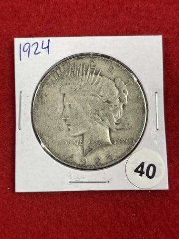 1924 Peace Silver Dollar Coin: KEY WORDS: INDIAN ARTIFACT ARTIFACTS ARROWHEAD ARROWHEADS NATIVE AMERICAN MISSISSIPPIAN QUAPAW CADDO POTTERY COINS MORGAN DOLLAR PEACE DOLLAR SILVER COINS. All coins have been Sigma tested for authent