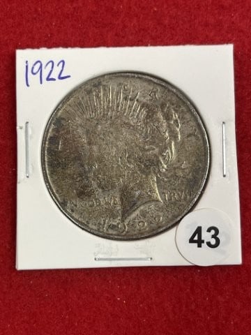 1922 Peace Silver Dollar Coin: KEY WORDS: INDIAN ARTIFACT ARTIFACTS ARROWHEAD ARROWHEADS NATIVE AMERICAN MISSISSIPPIAN QUAPAW CADDO POTTERY COINS MORGAN DOLLAR PEACE DOLLAR SILVER COINS. All coins have been Sigma tested for authent