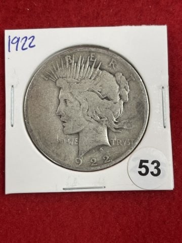 1922 Peace Silver Dollar Coin: KEY WORDS: INDIAN ARTIFACT ARTIFACTS ARROWHEAD ARROWHEADS NATIVE AMERICAN MISSISSIPPIAN QUAPAW CADDO POTTERY COINS MORGAN DOLLAR PEACE DOLLAR SILVER COINS. All coins have been Sigma tested for