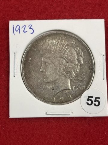 1923 Peace Silver Dollar Coin: KEY WORDS: INDIAN ARTIFACT ARTIFACTS ARROWHEAD ARROWHEADS NATIVE AMERICAN MISSISSIPPIAN QUAPAW CADDO POTTERY COINS MORGAN DOLLAR PEACE DOLLAR SILVER COINS. All coins have been Sigma tested for