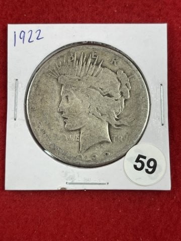 1922 Peace Silver Dollar Coin: KEY WORDS: INDIAN ARTIFACT ARTIFACTS ARROWHEAD ARROWHEADS NATIVE AMERICAN MISSISSIPPIAN QUAPAW CADDO POTTERY COINS MORGAN DOLLAR PEACE DOLLAR SILVER COINS. All coins have been Sigma tested for