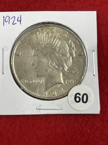 1924 Peace Silver Dollar Coin: KEY WORDS: INDIAN ARTIFACT ARTIFACTS ARROWHEAD ARROWHEADS NATIVE AMERICAN MISSISSIPPIAN QUAPAW CADDO POTTERY COINS MORGAN DOLLAR PEACE DOLLAR SILVER COINS. All coins have been Sigma tested for