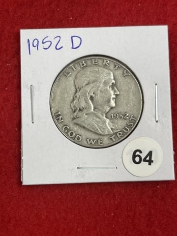 1952 D Franklin Half Dollar Silver Coin: KEY WORDS: INDIAN ARTIFACT ARTIFACTS ARROWHEAD ARROWHEADS NATIVE AMERICAN MISSISSIPPIAN QUAPAW CADDO POTTERY COINS MORGAN DOLLAR PEACE DOLLAR SILVER COINS. All coins have been Sigma tested for