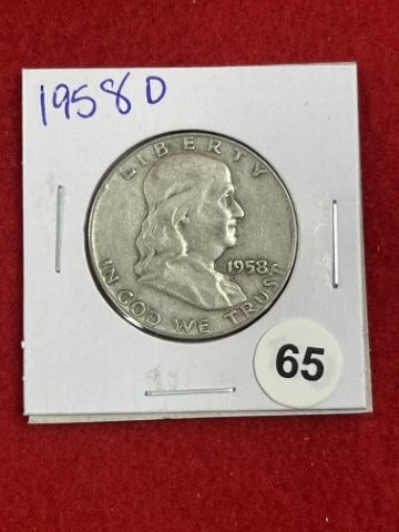 1958 D Franklin Half Dollar Silver Coin: KEY WORDS: INDIAN ARTIFACT ARTIFACTS ARROWHEAD ARROWHEADS NATIVE AMERICAN MISSISSIPPIAN QUAPAW CADDO POTTERY COINS MORGAN DOLLAR PEACE DOLLAR SILVER COINS. All coins have been Sigma tested for