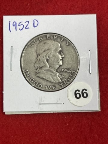 1952 D Franklin Half Dollar Silver Coin: KEY WORDS: INDIAN ARTIFACT ARTIFACTS ARROWHEAD ARROWHEADS NATIVE AMERICAN MISSISSIPPIAN QUAPAW CADDO POTTERY COINS MORGAN DOLLAR PEACE DOLLAR SILVER COINS. All coins have been Sigma tested for