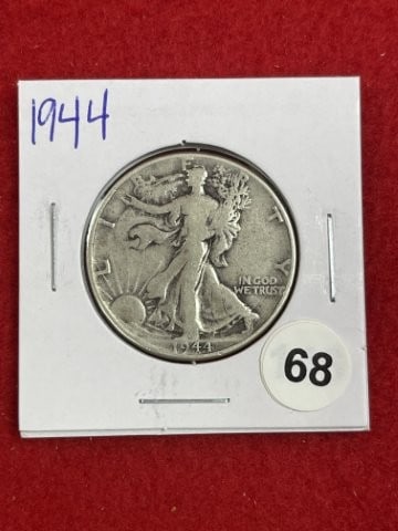1944 Walking Liberty Half Dollar Silver Coin: KEY WORDS: INDIAN ARTIFACT ARTIFACTS ARROWHEAD ARROWHEADS NATIVE AMERICAN MISSISSIPPIAN QUAPAW CADDO POTTERY COINS MORGAN DOLLAR PEACE DOLLAR SILVER COINS. All coins have been Sigma tested for authent