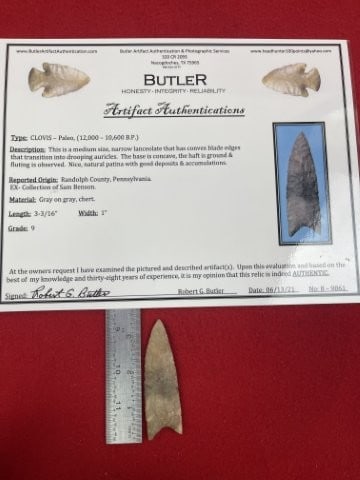 Clovis with Butler COA from Randolph County, Pennsylvania ex - Sam Benson Collection Indian Artifact (1 of 5)