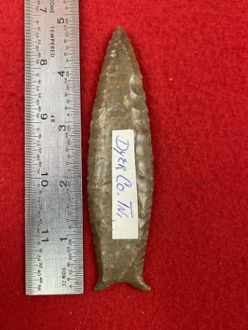 4 & 3/4" Cumberland fluted to the tip on both sides great workmanship from Dyer County, Tennessee: KEY WORDS: INDIAN ARTIFACT ARTIFACTS ARROWHEAD ARROWHEADS NATIVE AMERICAN MISSISSIPPIAN QUAPAW CADDO POTTERY COINS MORGAN DOLLAR PEACE DOLLAR SILVER COINS. All coins have been Sigma tested for authent