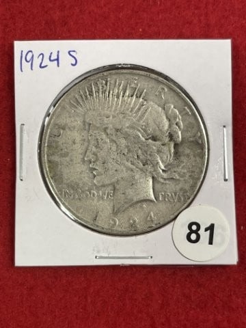 1924 S Peace Silver Dollar Coin: KEY WORDS: INDIAN ARTIFACT ARTIFACTS ARROWHEAD ARROWHEADS NATIVE AMERICAN MISSISSIPPIAN QUAPAW CADDO POTTERY COINS MORGAN DOLLAR PEACE DOLLAR SILVER COINS. All coins have been Sigma tested for authent