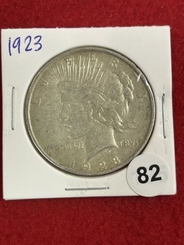 1923 Peace Silver Dollar Coin: KEY WORDS: INDIAN ARTIFACT ARTIFACTS ARROWHEAD ARROWHEADS NATIVE AMERICAN MISSISSIPPIAN QUAPAW CADDO POTTERY COINS MORGAN DOLLAR PEACE DOLLAR SILVER COINS. All coins have been Sigma tested for authent