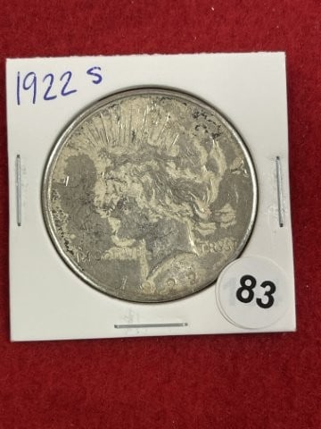 1922 S Peace Silver Dollar Coin: KEY WORDS: INDIAN ARTIFACT ARTIFACTS ARROWHEAD ARROWHEADS NATIVE AMERICAN MISSISSIPPIAN QUAPAW CADDO POTTERY COINS MORGAN DOLLAR PEACE DOLLAR SILVER COINS. All coins have been Sigma tested for