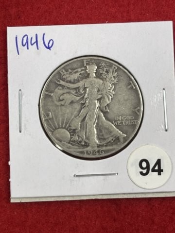 1946 Walking Liberty Half Dollar Silver Coin: KEY WORDS: INDIAN ARTIFACT ARTIFACTS ARROWHEAD ARROWHEADS NATIVE AMERICAN MISSISSIPPIAN QUAPAW CADDO POTTERY COINS MORGAN DOLLAR PEACE DOLLAR SILVER COINS. All coins have been Sigma tested for
