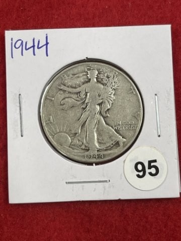 1944 Walking Liberty Half Dollar Silver Coin: KEY WORDS: INDIAN ARTIFACT ARTIFACTS ARROWHEAD ARROWHEADS NATIVE AMERICAN MISSISSIPPIAN QUAPAW CADDO POTTERY COINS MORGAN DOLLAR PEACE DOLLAR SILVER COINS. All coins have been Sigma tested for authent