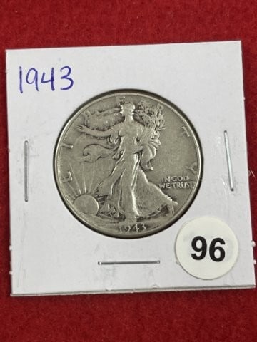 1943 Walking Liberty Half Dollar Silver Coin: KEY WORDS: INDIAN ARTIFACT ARTIFACTS ARROWHEAD ARROWHEADS NATIVE AMERICAN MISSISSIPPIAN QUAPAW CADDO POTTERY COINS MORGAN DOLLAR PEACE DOLLAR SILVER COINS. All coins have been Sigma tested for authent