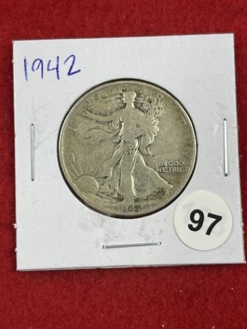 1942 Walking Liberty Half Dollar Silver Coin: KEY WORDS: INDIAN ARTIFACT ARTIFACTS ARROWHEAD ARROWHEADS NATIVE AMERICAN MISSISSIPPIAN QUAPAW CADDO POTTERY COINS MORGAN DOLLAR PEACE DOLLAR SILVER COINS. All coins have been Sigma tested for authent