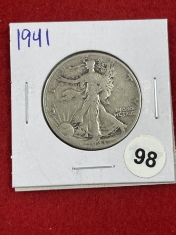 1941 Walking Liberty Half Dollar Silver Coin: KEY WORDS: INDIAN ARTIFACT ARTIFACTS ARROWHEAD ARROWHEADS NATIVE AMERICAN MISSISSIPPIAN QUAPAW CADDO POTTERY COINS MORGAN DOLLAR PEACE DOLLAR SILVER COINS. All coins have been Sigma tested for