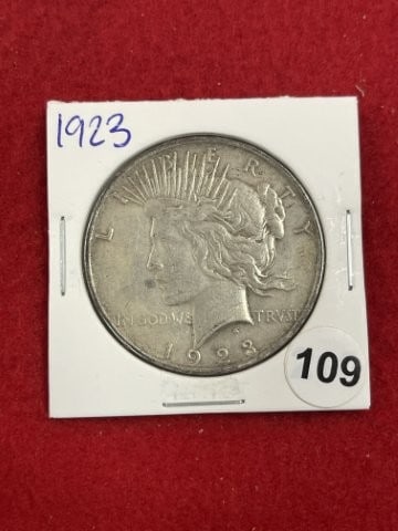 1923 Peace Silver Dollar Coin: KEY WORDS: INDIAN ARTIFACT ARTIFACTS ARROWHEAD ARROWHEADS NATIVE AMERICAN MISSISSIPPIAN QUAPAW CADDO POTTERY COINS MORGAN DOLLAR PEACE DOLLAR SILVER COINS. All coins have been Sigma tested for authent