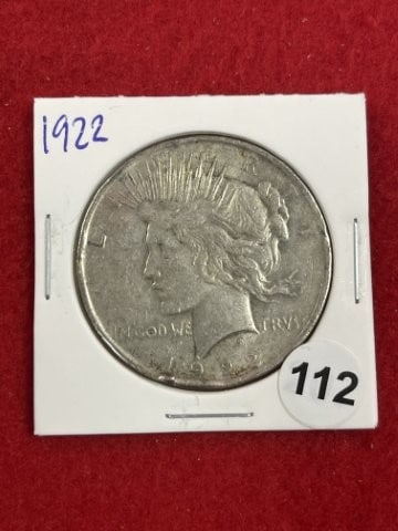 1922 Peace Silver Dollar Coin: KEY WORDS: INDIAN ARTIFACT ARTIFACTS ARROWHEAD ARROWHEADS NATIVE AMERICAN MISSISSIPPIAN QUAPAW CADDO POTTERY COINS MORGAN DOLLAR PEACE DOLLAR SILVER COINS. All coins have been Sigma tested for authent
