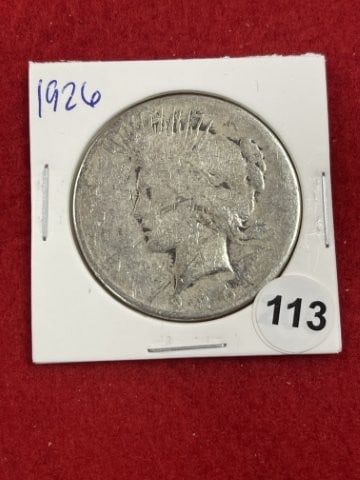 1926 Peace Silver Dollar Coin: KEY WORDS: INDIAN ARTIFACT ARTIFACTS ARROWHEAD ARROWHEADS NATIVE AMERICAN MISSISSIPPIAN QUAPAW CADDO POTTERY COINS MORGAN DOLLAR PEACE DOLLAR SILVER COINS. All coins have been Sigma tested for authent