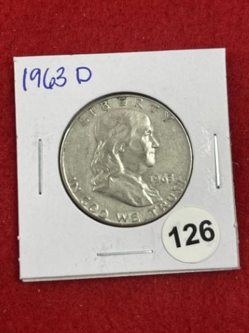 1963 D Franklin Half Dollar Silver Coin: KEY WORDS: INDIAN ARTIFACT ARTIFACTS ARROWHEAD ARROWHEADS NATIVE AMERICAN MISSISSIPPIAN QUAPAW CADDO POTTERY COINS MORGAN DOLLAR PEACE DOLLAR SILVER COINS. All coins have been Sigma tested for authent