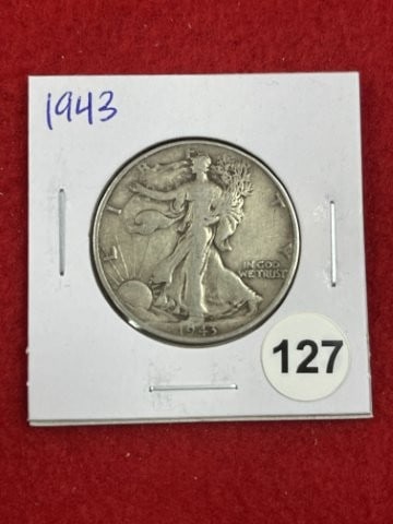 1943 Walking Liberty Half Dollar Silver Coin: KEY WORDS: INDIAN ARTIFACT ARTIFACTS ARROWHEAD ARROWHEADS NATIVE AMERICAN MISSISSIPPIAN QUAPAW CADDO POTTERY COINS MORGAN DOLLAR PEACE DOLLAR SILVER COINS. All coins have been Sigma tested for