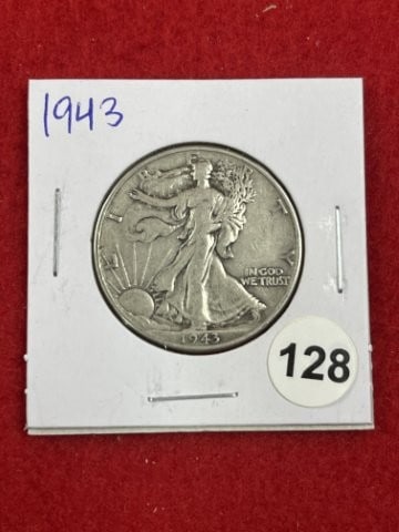 1943 Walking Liberty Half Dollar Silver Coin: KEY WORDS: INDIAN ARTIFACT ARTIFACTS ARROWHEAD ARROWHEADS NATIVE AMERICAN MISSISSIPPIAN QUAPAW CADDO POTTERY COINS MORGAN DOLLAR PEACE DOLLAR SILVER COINS. All coins have been Sigma tested for