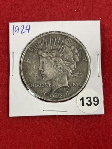 1924 Peace Silver Dollar Coin: KEY WORDS: INDIAN ARTIFACT ARTIFACTS ARROWHEAD ARROWHEADS NATIVE AMERICAN MISSISSIPPIAN QUAPAW CADDO POTTERY COINS MORGAN DOLLAR PEACE DOLLAR SILVER COINS. All coins have been Sigma tested for
