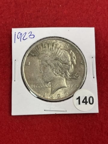 1923 Peace Silver Dollar Coin: KEY WORDS: INDIAN ARTIFACT ARTIFACTS ARROWHEAD ARROWHEADS NATIVE AMERICAN MISSISSIPPIAN QUAPAW CADDO POTTERY COINS MORGAN DOLLAR PEACE DOLLAR SILVER COINS. All coins have been Sigma tested for authent