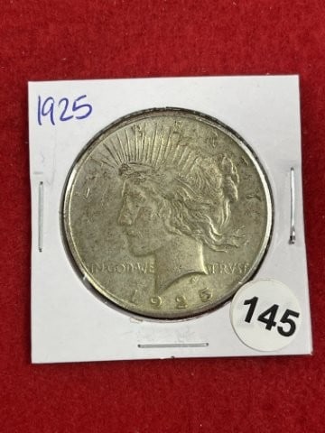 1925 Peace Silver Dollar Coin: KEY WORDS: INDIAN ARTIFACT ARTIFACTS ARROWHEAD ARROWHEADS NATIVE AMERICAN MISSISSIPPIAN QUAPAW CADDO POTTERY COINS MORGAN DOLLAR PEACE DOLLAR SILVER COINS. All coins have been Sigma tested for authent