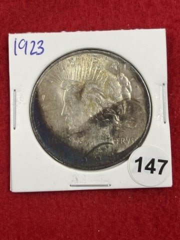 1923 Peace Silver Dollar Coin: KEY WORDS: INDIAN ARTIFACT ARTIFACTS ARROWHEAD ARROWHEADS NATIVE AMERICAN MISSISSIPPIAN QUAPAW CADDO POTTERY COINS MORGAN DOLLAR PEACE DOLLAR SILVER COINS. All coins have been Sigma tested for