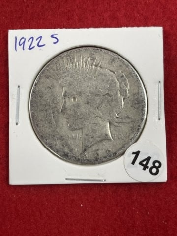 1922 S Peace Silver Dollar Coin: KEY WORDS: INDIAN ARTIFACT ARTIFACTS ARROWHEAD ARROWHEADS NATIVE AMERICAN MISSISSIPPIAN QUAPAW CADDO POTTERY COINS MORGAN DOLLAR PEACE DOLLAR SILVER COINS. All coins have been Sigma tested for