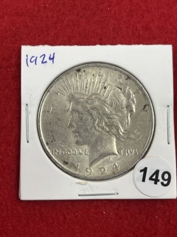 1924 Peace Silver Dollar Coin: KEY WORDS: INDIAN ARTIFACT ARTIFACTS ARROWHEAD ARROWHEADS NATIVE AMERICAN MISSISSIPPIAN QUAPAW CADDO POTTERY COINS MORGAN DOLLAR PEACE DOLLAR SILVER COINS. All coins have been Sigma tested for