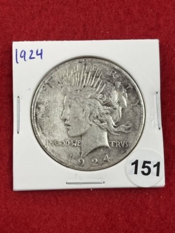 1924 Peace Silver Dollar Coin: KEY WORDS: INDIAN ARTIFACT ARTIFACTS ARROWHEAD ARROWHEADS NATIVE AMERICAN MISSISSIPPIAN QUAPAW CADDO POTTERY COINS MORGAN DOLLAR PEACE DOLLAR SILVER COINS. All coins have been Sigma tested for authent