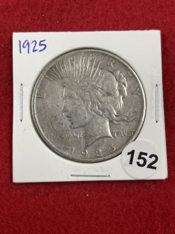 1925 Peace Silver Dollar Coin: KEY WORDS: INDIAN ARTIFACT ARTIFACTS ARROWHEAD ARROWHEADS NATIVE AMERICAN MISSISSIPPIAN QUAPAW CADDO POTTERY COINS MORGAN DOLLAR PEACE DOLLAR SILVER COINS. All coins have been Sigma tested for