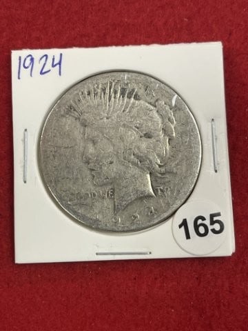 1924 Peace Silver Dollar Coin: KEY WORDS: INDIAN ARTIFACT ARTIFACTS ARROWHEAD ARROWHEADS NATIVE AMERICAN MISSISSIPPIAN QUAPAW CADDO POTTERY COINS MORGAN DOLLAR PEACE DOLLAR SILVER COINS. All coins have been Sigma tested for authent