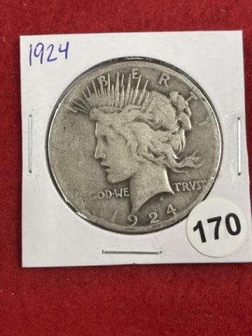 1924 Peace Silver Dollar Coin: KEY WORDS: INDIAN ARTIFACT ARTIFACTS ARROWHEAD ARROWHEADS NATIVE AMERICAN MISSISSIPPIAN QUAPAW CADDO POTTERY COINS MORGAN DOLLAR PEACE DOLLAR SILVER COINS. All coins have been Sigma tested for