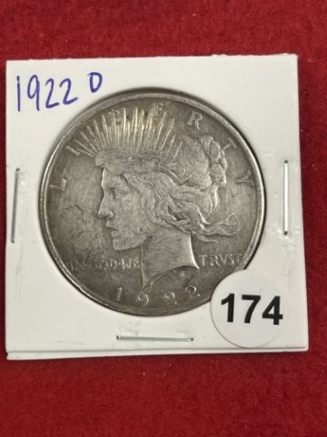 1922 D Peace Silver Dollar Coin: KEY WORDS: INDIAN ARTIFACT ARTIFACTS ARROWHEAD ARROWHEADS NATIVE AMERICAN MISSISSIPPIAN QUAPAW CADDO POTTERY COINS MORGAN DOLLAR PEACE DOLLAR SILVER COINS. All coins have been Sigma tested for