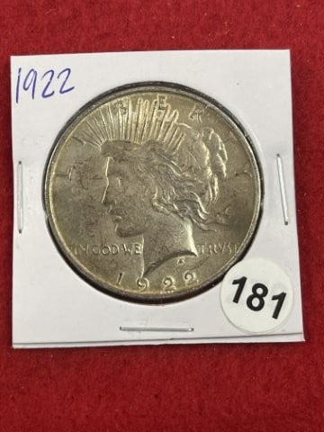 1922 Peace Silver Dollar Coin: KEY WORDS: INDIAN ARTIFACT ARTIFACTS ARROWHEAD ARROWHEADS NATIVE AMERICAN MISSISSIPPIAN QUAPAW CADDO POTTERY COINS MORGAN DOLLAR PEACE DOLLAR SILVER COINS. All coins have been Sigma tested for authent